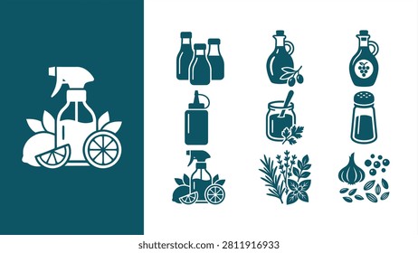 Kitchen Condiments, Salad Dressing, and Culinary Herbs Vector Icon Set. Flat vector illustration EPS 10.