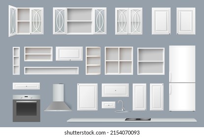 Kitchen constructor. Furniture realistic vector. House interior 3d mockup. Closet, cupboard, cooking surface and home appliance isolated set. Equipment for dining room design