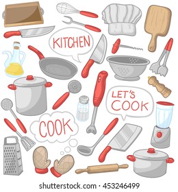Kitchen Cook Color Red Objects Isolated Doodle Icons Hand Made vector illustration sketch.