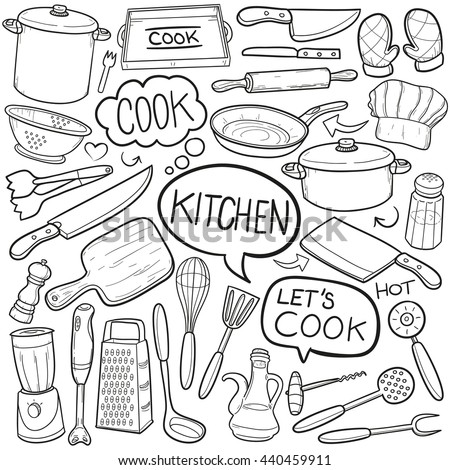 Kitchen Cook Doodle Icons Hand Made vector Illustration sketch.