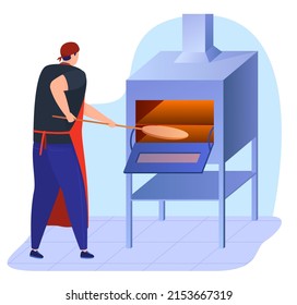 The kitchen cook prepares pizza. Italian cuisine. Delicious baked pizza. Colorful vector illustration in flat cartoon style.