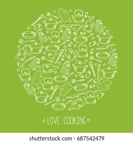 Kitchen cook round design element in green background. Hand drawn kitchenware accessories circle illustration with love cooking lettering. Collection of cooking details in sketch style