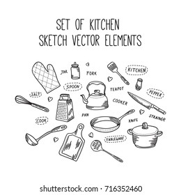 Kitchen cook sketch vector elements. Set of hand drawn kitchenware accessories in doodle style. Collection of kitchen isolated icons for cooking