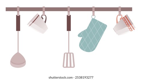 Herramientas de cocina y equipo de restaurante colgando de ganchos. Interior de la cocina, estante con Elementos y utensilios de cocina, Ilustración vectorial. Tazas, portabebés, espátula, cuchara y otros accesorios