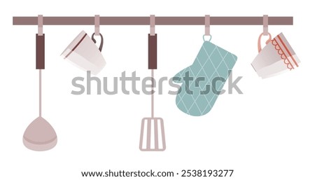 Kitchen cook tools and restaurant equipment hanging on hooks. Kitchen interior, shelf with kitchenware elements and utensil, vector illustration. Cups, potholder, spatula, spoon and other accessories