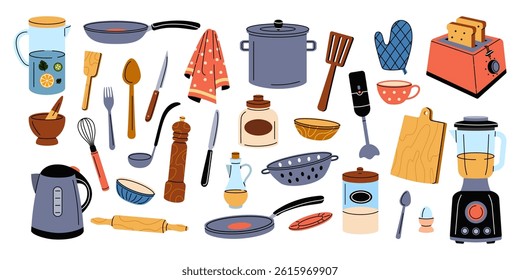 Kitchen cook. Utensil with cutlery. Chef tool. Fork and knife. Home kitchenware. Tableware for cooking. Plate with spoon. Domestic cookware. Household appliance for food preparation. Vector tidy set