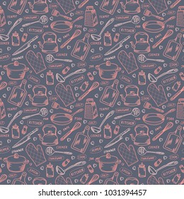 Kitchen cook vector seamless pattern.  Cooking design texture in colors of pink, white and gray