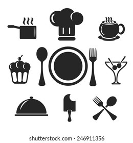 Kitchen And Cook Vector Web And Mobile Logo Icons Isolated On White Back. Symbols Of Cocktail, Cake, Toques, Ice Cream, Spoon, Fork, Plate, Coffee, Cup, Pan