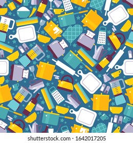 Iconos de estilo plano de los utensilios de cocina en una perfecta ilustración vectorial. Papel de envolver de la tienda de artículos de cocina, utensilios domésticos de cocina, papel de envoltura o impresión de tela. Cocina casera