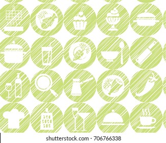 Kitchen, cooking, background, seamless, green, vector. Circular icons with food, drinks and utensils the painted strokes on white background. Hatch green pencil simulation. Vector seamless pattern. 