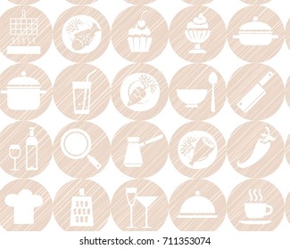 Kitchen, cooking, background, seamless, pink-grey, vector. Circular icons with food, drinks and utensils the painted strokes on white background. Hatching pink and grey pencils, simulation. 
