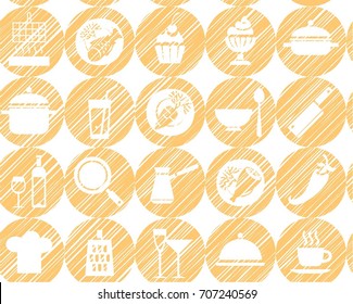 Kitchen, cooking, background, seamless, yellow-orange, vector. Circular icons with food, drinks and utensils the painted strokes on white background. The yellow shading pencil simulation. Vector pattern.