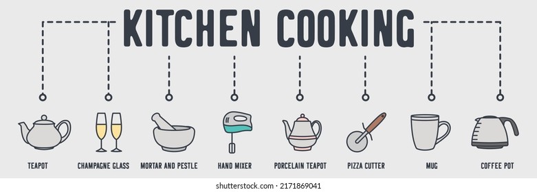 Kitchen and Cooking banner web icon. teapot, champagne glass, mortar and pestle, hand mixer, porcelain teapot, pizza cutter, mug, coffee pot vector illustration concept.