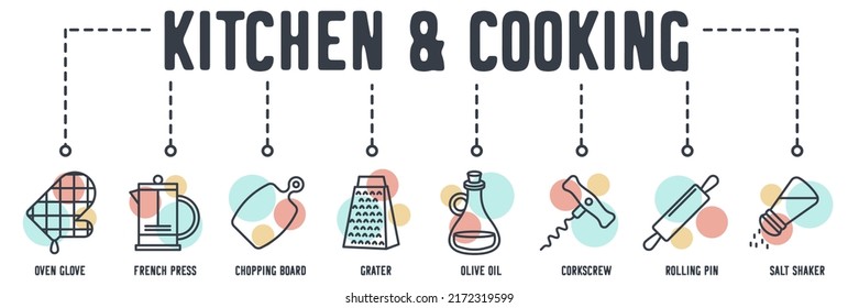 Kitchen and Cooking banner web icon. oven glove, french press, chopping board, grater, olive oil, corkscrew, rolling pin, salt shaker vector illustration concept.