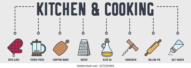 Kitchen and Cooking banner web icon. oven glove, french press, chopping board, grater, olive oil, corkscrew, rolling pin, salt shaker vector illustration concept.