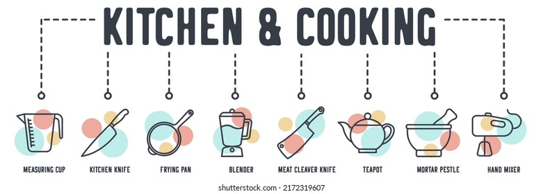 Kitchen and Cooking banner web icon. measuring cup, kitchen knife, frying pan, blender, pizza cutter, meat cleaver knife, mortar pestle, teapot, hand mixer vector illustration concept.