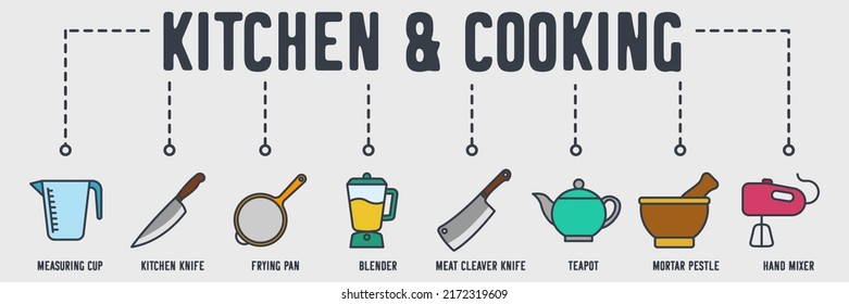 Kitchen and Cooking banner web icon. measuring cup, kitchen knife, frying pan, blender, pizza cutter, meat cleaver knife, mortar pestle, teapot, hand mixer vector illustration concept.