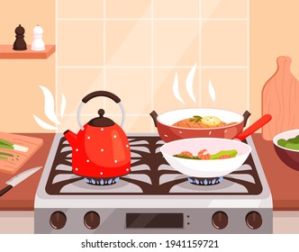 Kitchen cooking. Boiling in pans on gas stove burning and steam from preparing food delicious cuisine nowaday vector cartoon background illustration