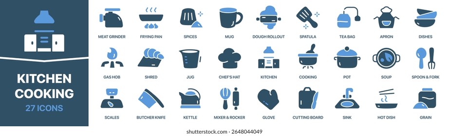 Kitchen and cooking colored signed icon collection. Set of fill Kitchen and cooking icons. UI icon set. Colored icons pack. Vector illustration