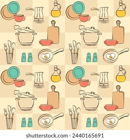Kitchen and cooking concept decorative background, seamless vector pattern for textile print, wallpaper, packaging.