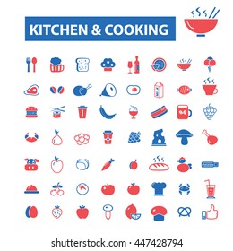 kitchen cooking concept icons: hotel services, menu, dining, pizza, bill, beer, cafe, fast food, cafeteria, beverage, hot dog, bbq, pub, meat meal, drinks. Vector illustration