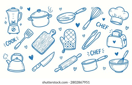 Кухня Кулинария Doodle Set. Векторная иллюстрация нарисованных вручную кулинарных икон, посуды для шеф-поваров и элементов эскиза творческого рецепта, изолированных на белом.