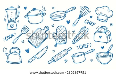 Kitchen Cooking Doodle Set. Vector Illustration of Hand-Drawn Culinary Icons, Chef Utensils, and Creative Recipe Sketch Elements Isolated on White.