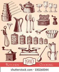 Kitchen and cooking elements  - vintage engraved illustration - Catalog of a French department store - Paris 1909