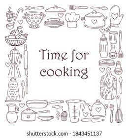 Kitchen cooking equipment doodle line icons vector set square frame design