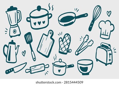 Kitchen Cooking Equipment Hand Drawn Doodle Icons Set