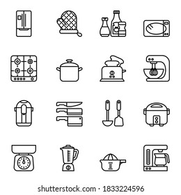 Symbole der Küchen- und Kocheinrichtungen auf weißem Hintergrund. Dünne Linie Strichvektor.