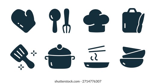 Küche und Kochen ausgezeichnete Ikonensammlung. Set Handschuh, Besteck, Kochmütze, Lebensmitteltasche, Spatel, Kochtopf, Kochplatte, Schüsselsymbole