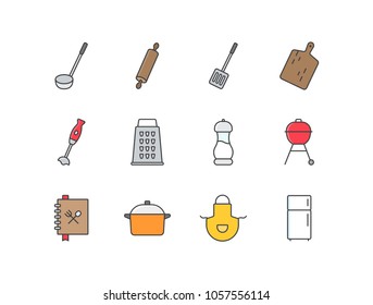 Kitchen and cooking flat line colored icons set with ladder, rolling pin, spatula, cutting board, hand blender, grater, salt shaker, BBQ grill, recipe book, pan, apron, refrigerator.