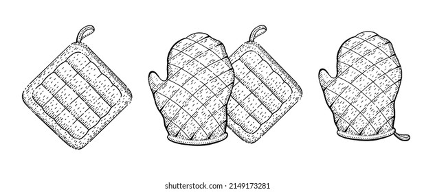 Kitchen cooking glove and potholder set. Oven mitten, pot holder icon. Vector mitt doodle sketch. Outline fireproof chef glove for baking. Household illustration. Etching hot protection hand holder