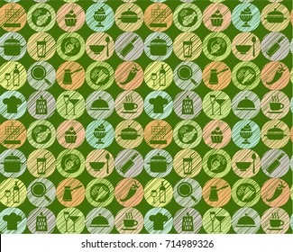 Kitchen, cooking, green background, seamless, vector. Circular icons with food, drinks and utensils the painted strokes on a green background. Hatching with colored pencil, imitation.