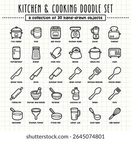 Kitchen and cooking hand-drawn doodle art illustrations and elements. felt-tip pen marker style on grid paper, great for various creative design uses.