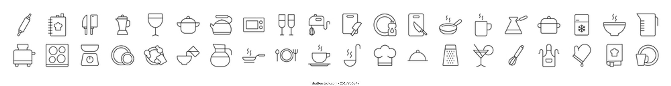 Coleção de Ícones de Cozinha e Cozinha. Contém ícones de placa de corte, frigideira, talheres, livro de receitas que podem ser usados para o design de cartões, posts, aplicativos, sites