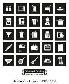 Kitchen and cooking icon set. Set of 25 household appliances and cooking utensils related icons, negative in black squares