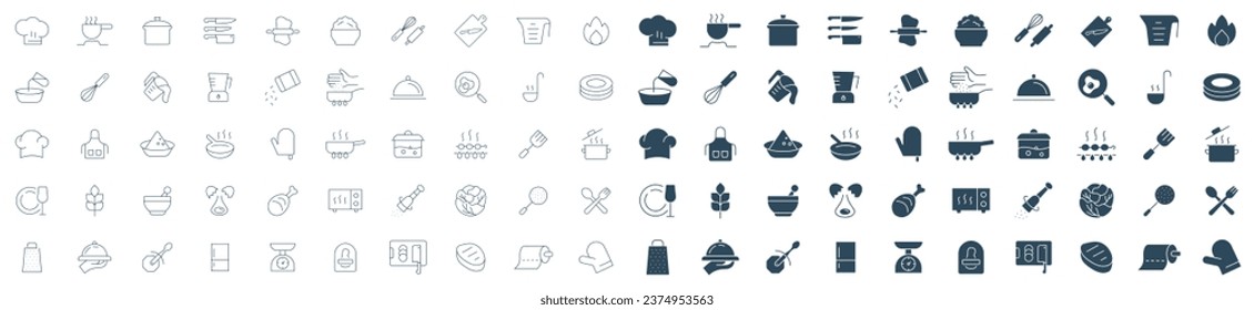 Kitchen and cooking icon set.  food, kitchen tools, cooking  utensils, chef, and restaurant icons outline and solid vector illustration