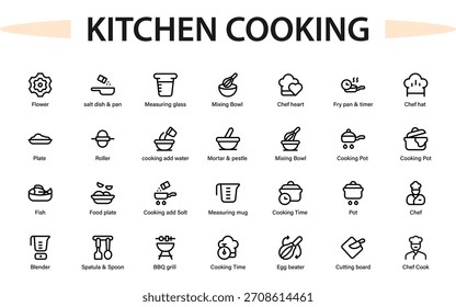 Iconos de cocina. chef, cocina, receta, cocina y símbolos de línea de preparación de alimentos.