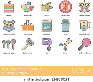 Kitchen and Cooking Icons including Apron, Bake, Blender, Boil, Bottle Opener, Bowl, Bread, Butter, Campfire Cooking, Cheese, Hat, Knife, Chop, Chopper, Colander, Chef