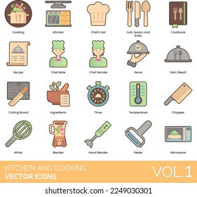 Cocina e iconos de cocina que incluyen Apron, Bake, Blender, Boil, Bottle Opener, Bowl, Pan, Mantequilla, Cocina de fuego, Queso, Sombrero, Cuchillo, Chop, Chopper, Colander, Chef