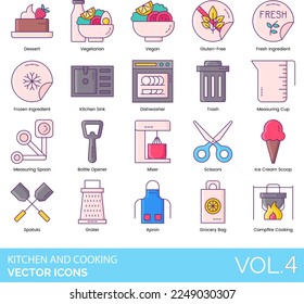 Kitchen and Cooking Icons including Apron, Bake, Blender, Boil, Bottle Opener, Bowl, Bread, Butter, Campfire Cooking, Cheese, Hat, Knife, Chop, Chopper, Colander, Chef