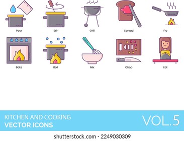 Cocina e iconos de cocina que incluyen Apron, Bake, Blender, Boil, Bottle Opener, Bowl, Pan, Mantequilla, Cocina de fuego, Queso, Sombrero, Cuchillo, Chop, Chopper, Colander, Chef