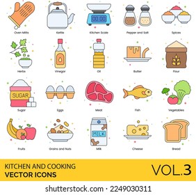 Kitchen and Cooking Icons including Apron, Bake, Blender, Boil, Bottle Opener, Bowl, Bread, Butter, Campfire Cooking, Cheese, Hat, Knife, Chop, Chopper, Colander, Chef
