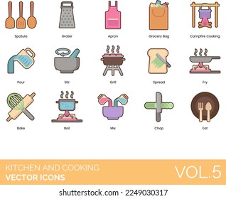 Kitchen and Cooking Icons including Apron, Bake, Blender, Boil, Bottle Opener, Bowl, Bread, Butter, Campfire Cooking, Cheese, Hat, Knife, Chop, Chopper, Colander, Chef