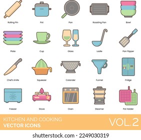 Cocina e iconos de cocina que incluyen Apron, Bake, Blender, Boil, Bottle Opener, Bowl, Pan, Mantequilla, Cocina de fuego, Queso, Sombrero, Cuchillo, Chop, Chopper, Colander, Chef