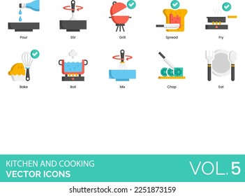 Cocina e iconos de cocina que incluyen Apron, Bake, Blender, Boil, Bottle Opener, Bowl, Pan, Mantequilla, Cocina de fuego, Queso, Sombrero, Cuchillo, Chop, Chopper, Colander, Chef