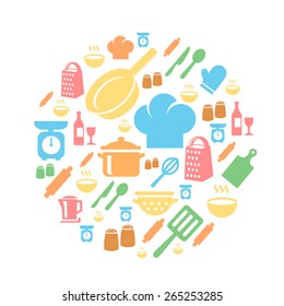 Kitchen and cooking icons retro background. Saucepan and pans, bottle and wine glass, fork and knife, Vector illustration