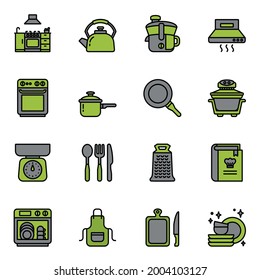 Kitchen and cooking icons set 1 with white background. Colored Thin Line Style Stroke vector.